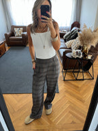 Brown Checkered  Frillu Signature Pleated Pants