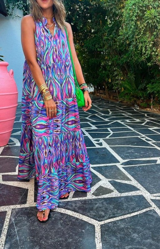 Purple Wavy Print Tiered Dress