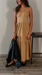 Beige Tiered Cotton City Dress