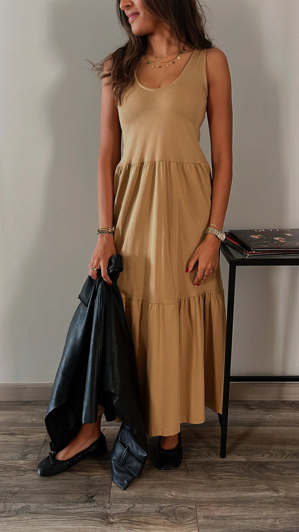 Beige Tiered Cotton City Dress