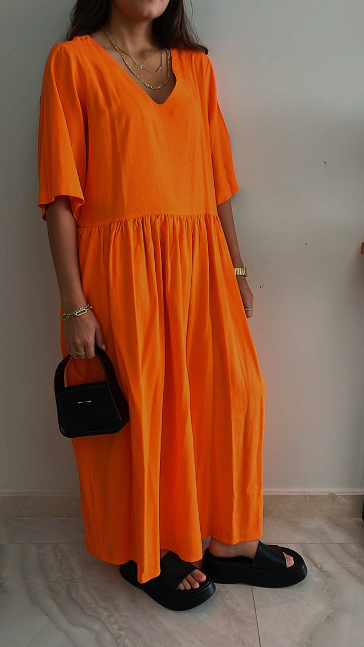 Orange Flows As It Goes Linen Dress