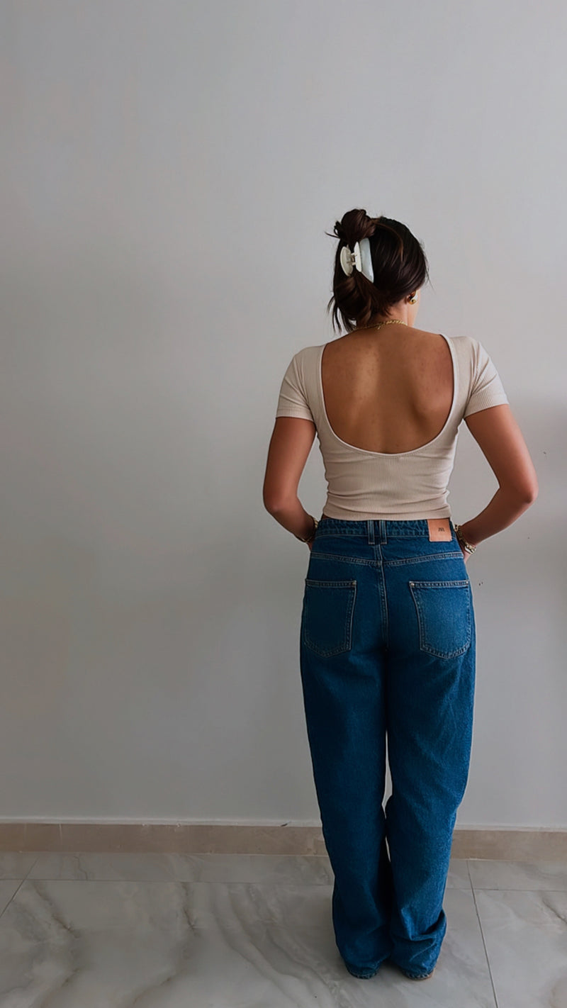 Beige Backless Ribbed Tee