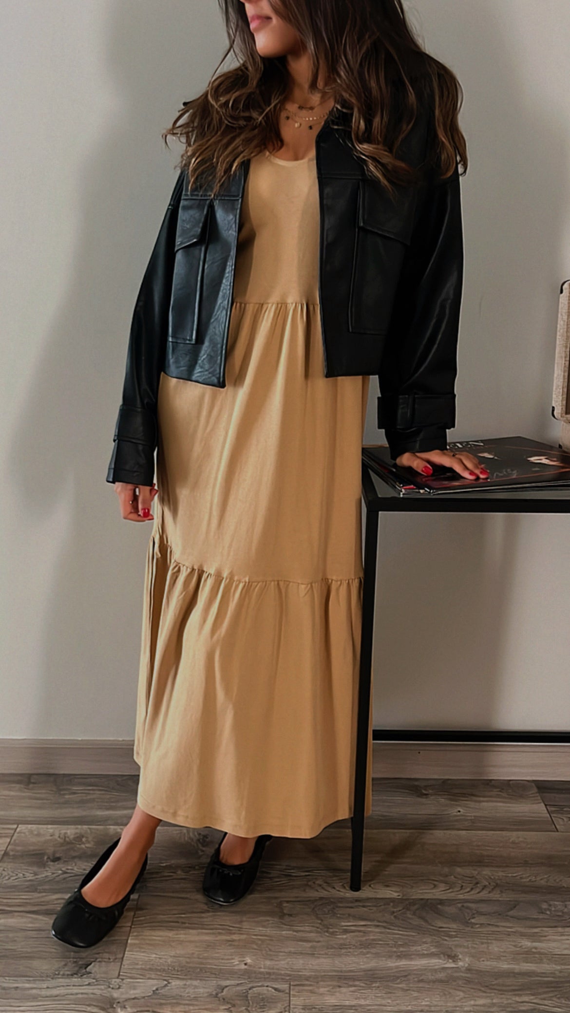 Beige Tiered Cotton City Dress