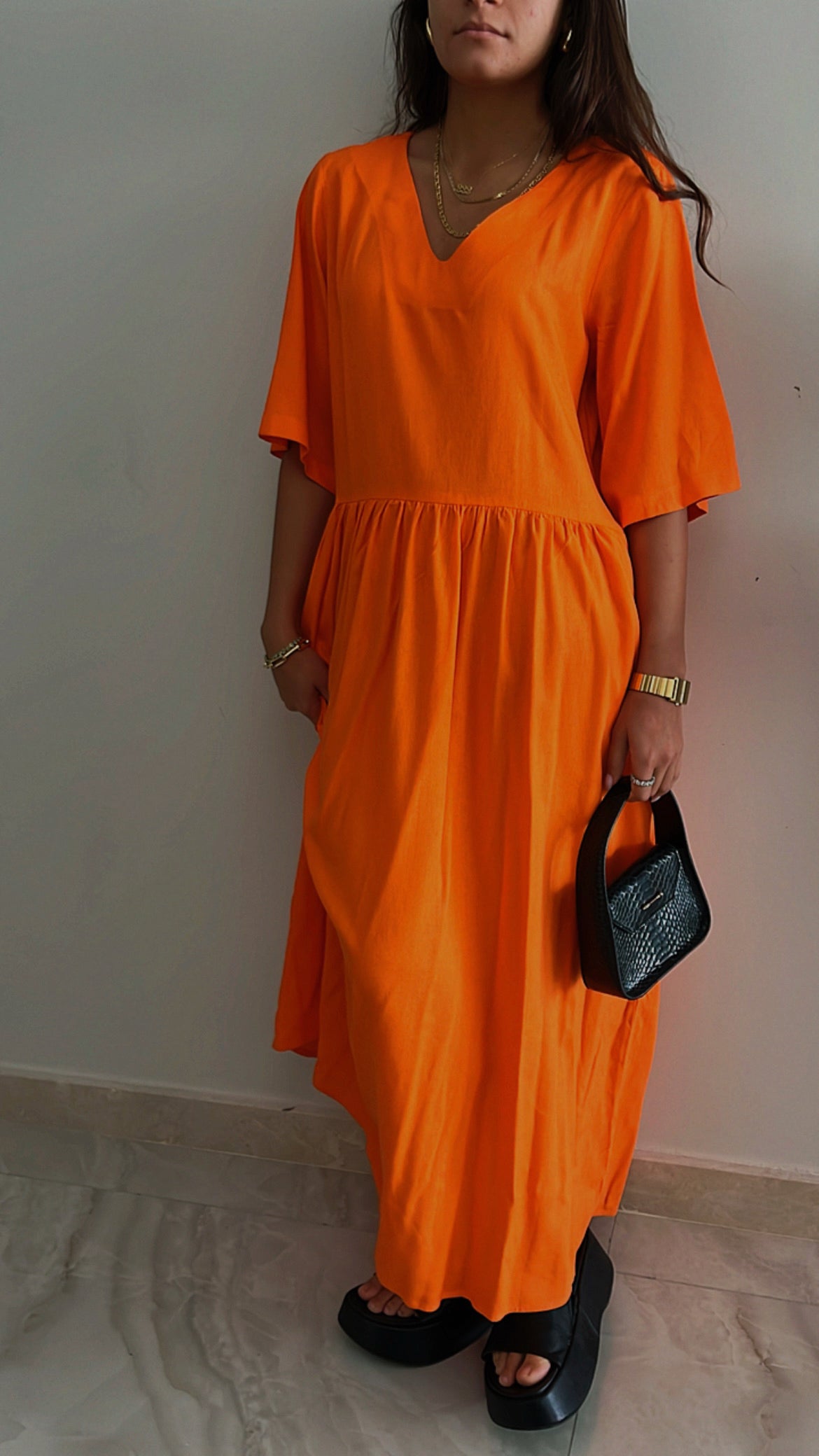 Orange Flows As It Goes Linen Dress