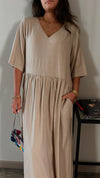 Beige Flows As It Goes Linen Dress