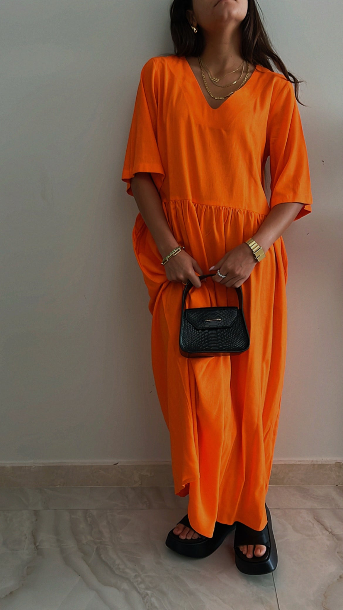 Orange Flows As It Goes Linen Dress