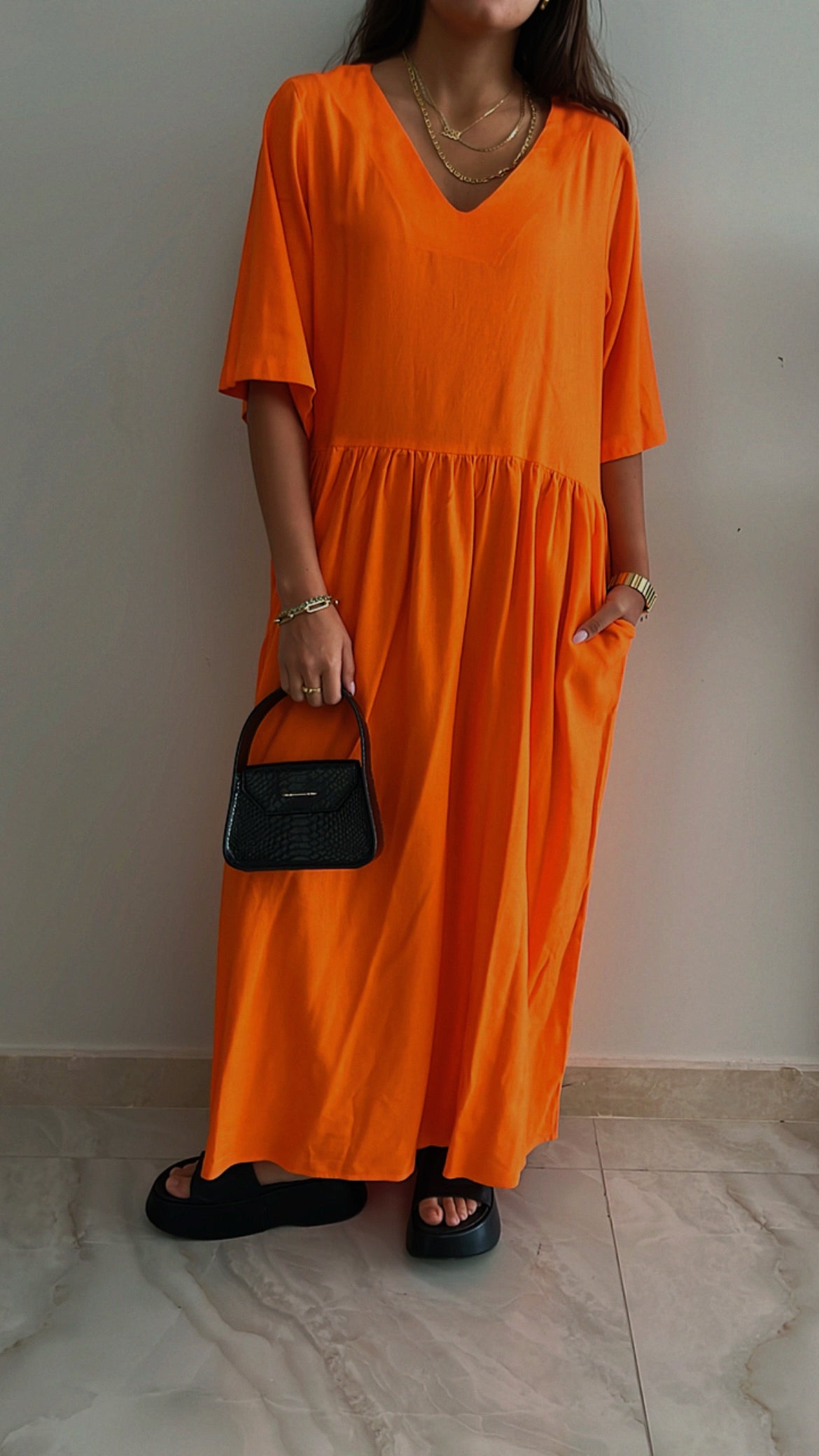 Orange Flows As It Goes Linen Dress
