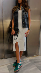 White Double Slit Ribbed Midi Dress