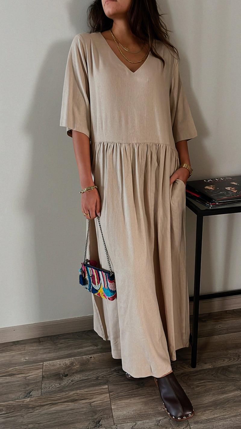 Beige Flows As It Goes Linen Dress