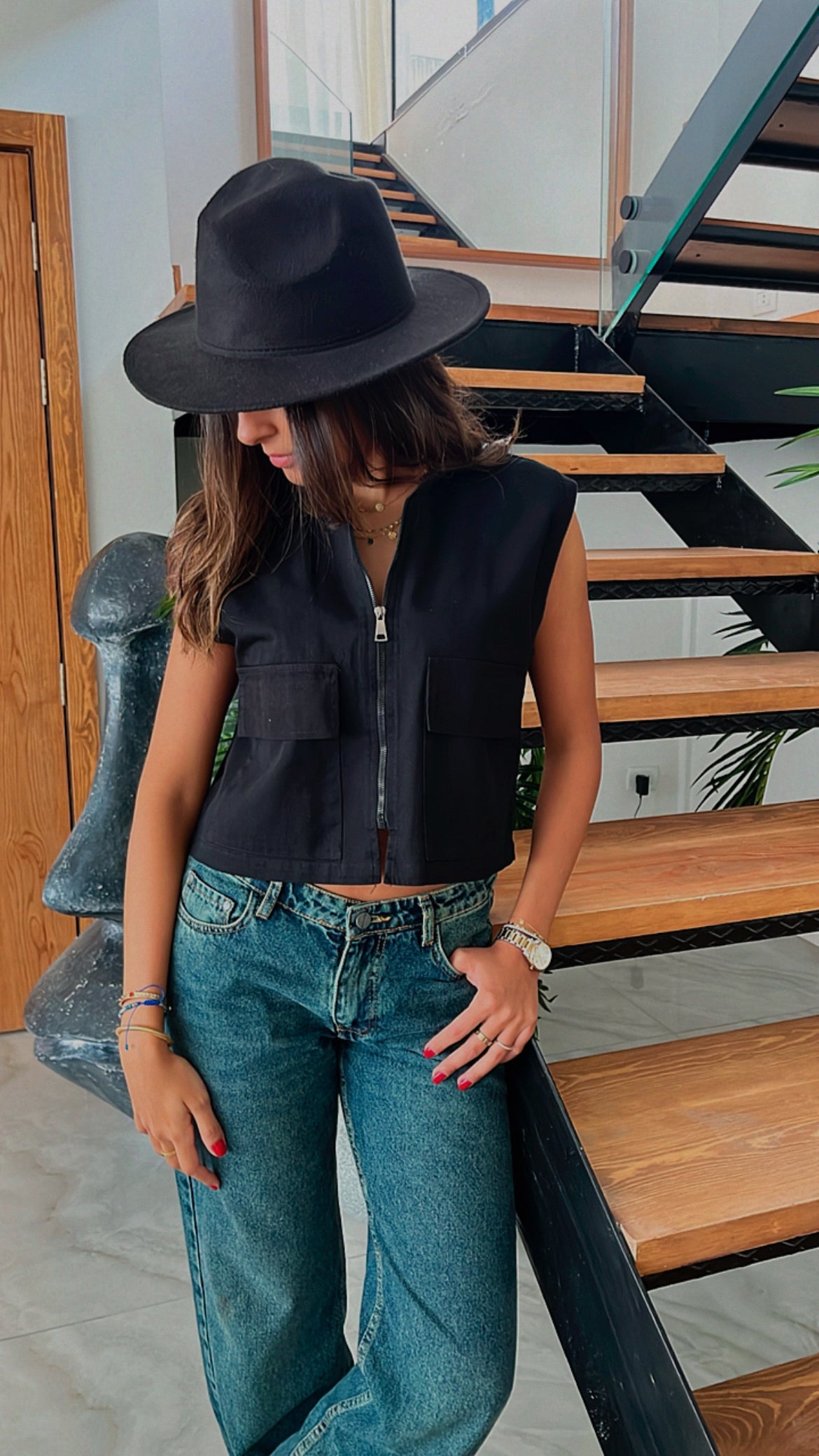 Black Cargo Cropped Vest