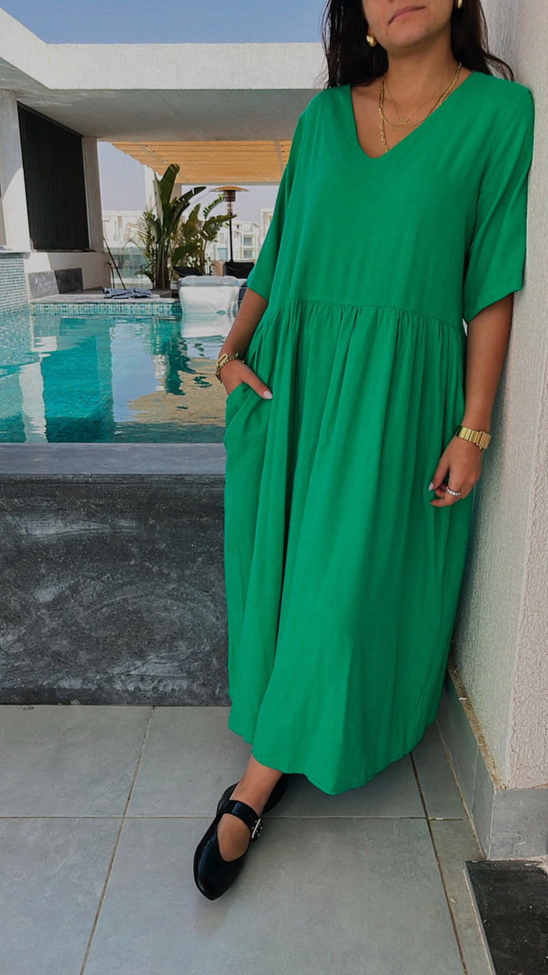 Green Flows As It Goes Linen Dress