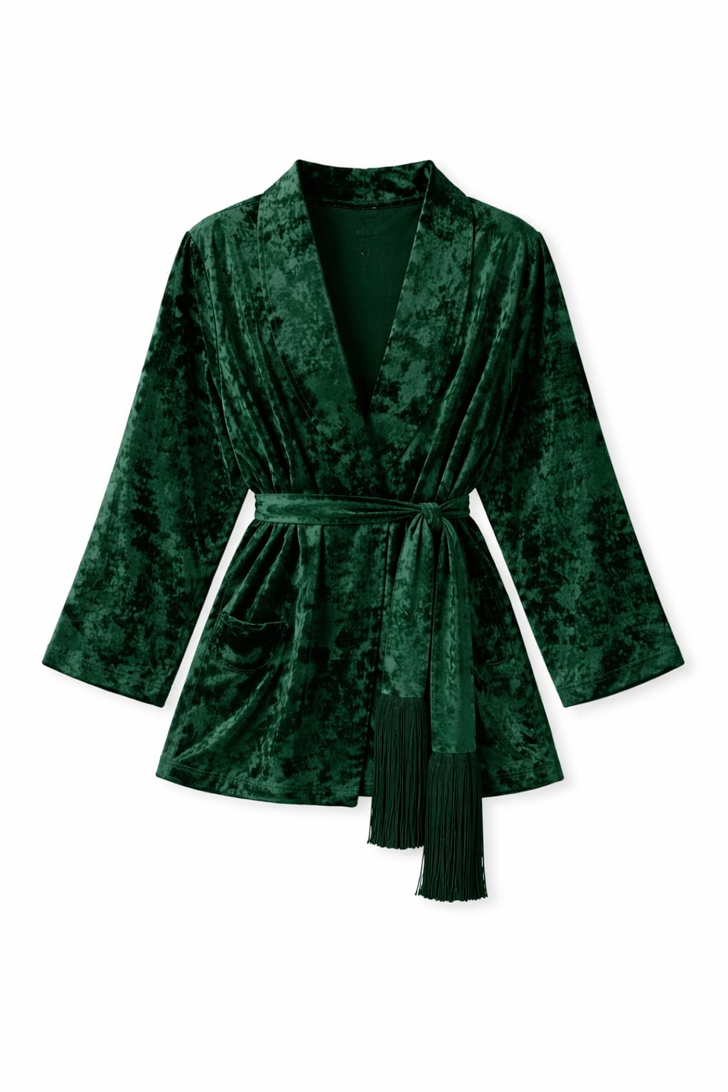 Green Velvet Wrap Fringe Kimono