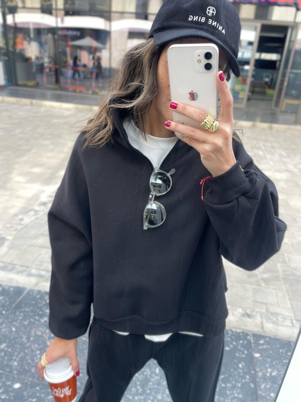 Black Fleece Lined Quarter Zip Up Sweatshirt