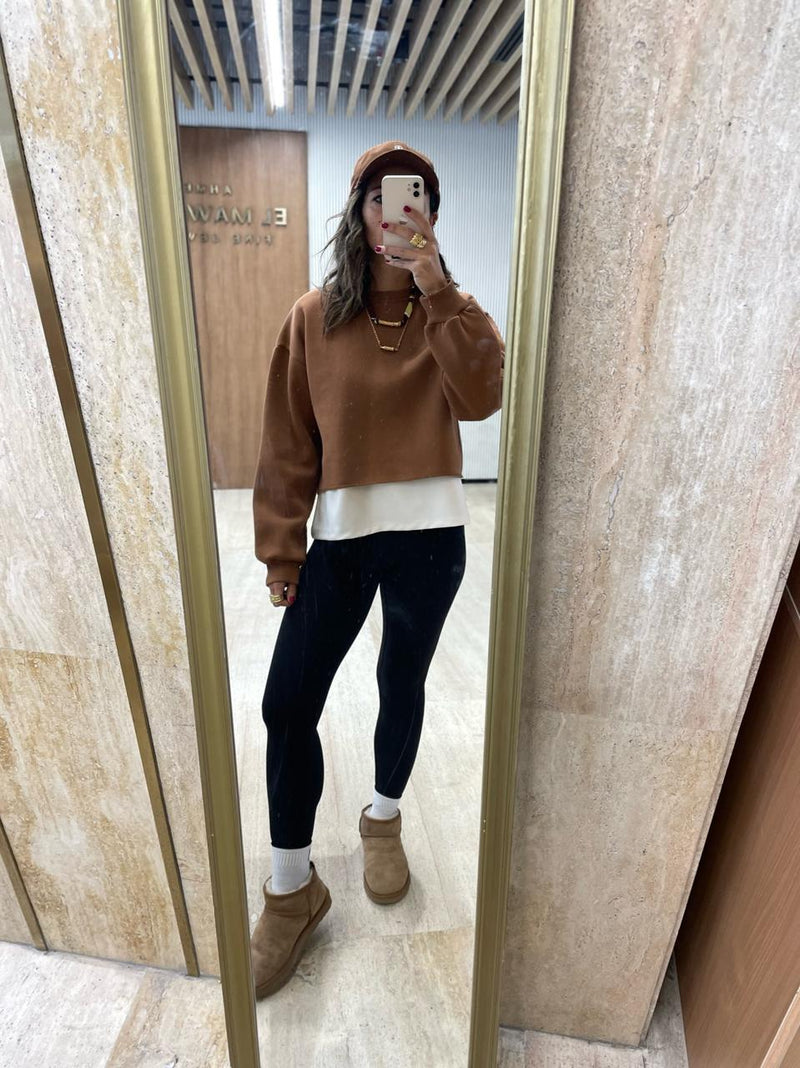 Chocolate Brown Fleece Lined Cropped Sweatshirt