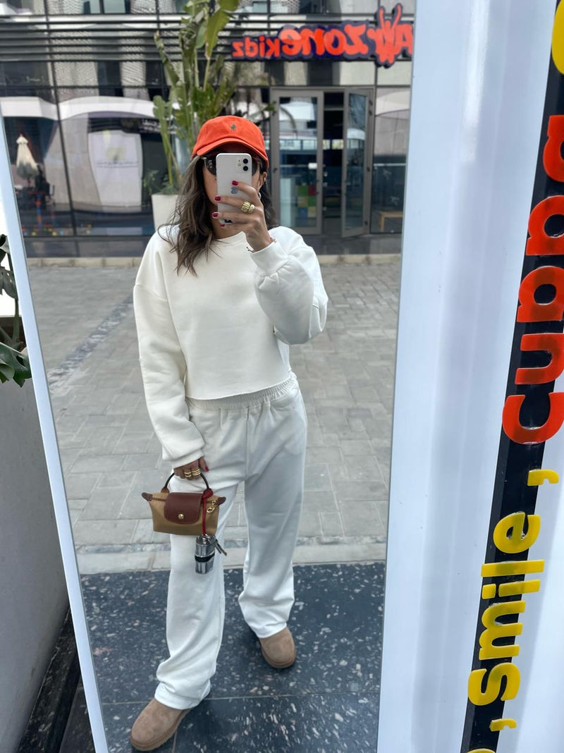 White Fleece Lined Cropped Sweatshirt