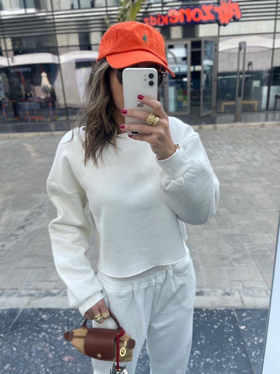 White Fleece Lined Cropped Sweatshirt