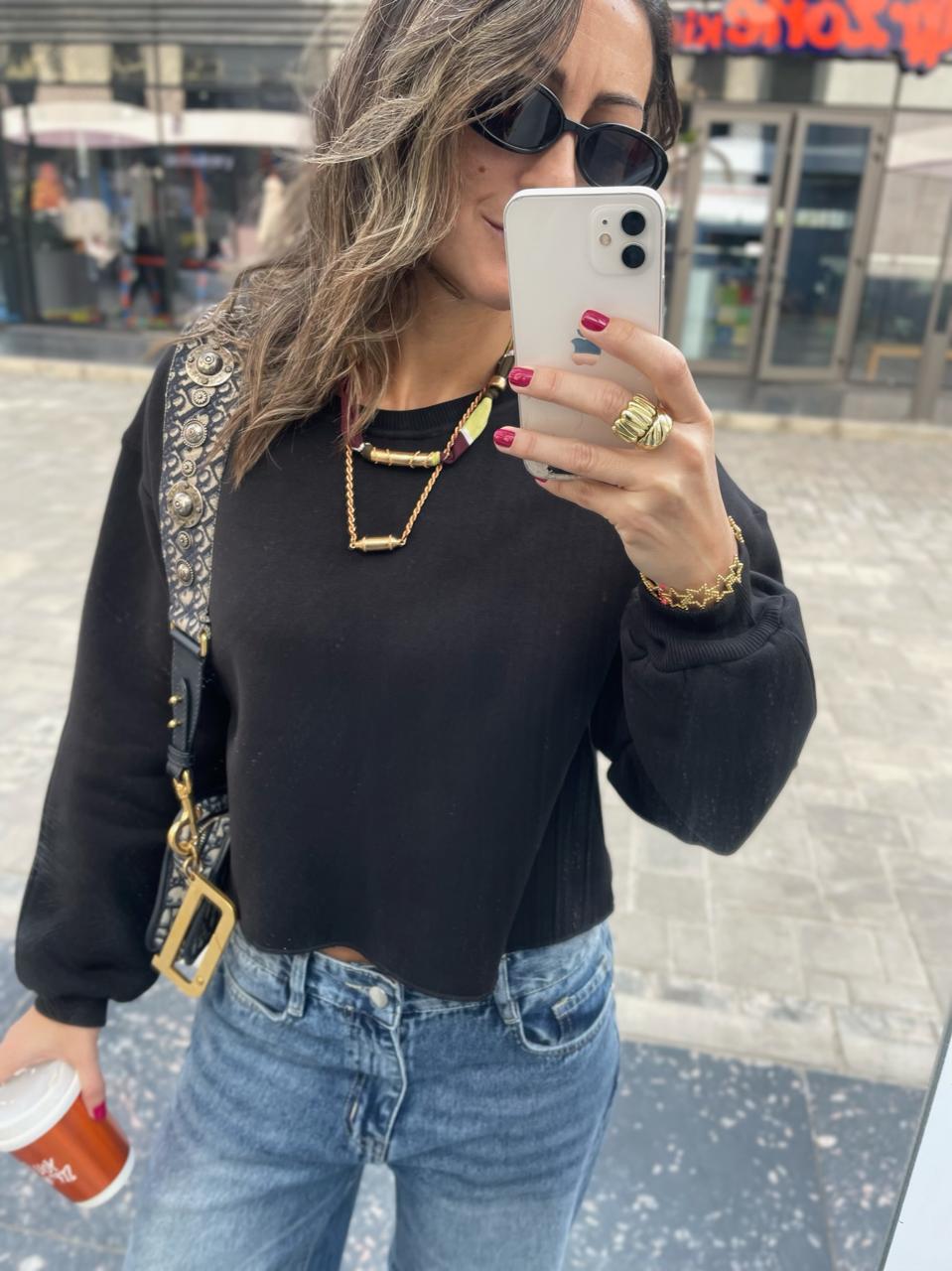 Black Fleece Lined Cropped Sweatshirt