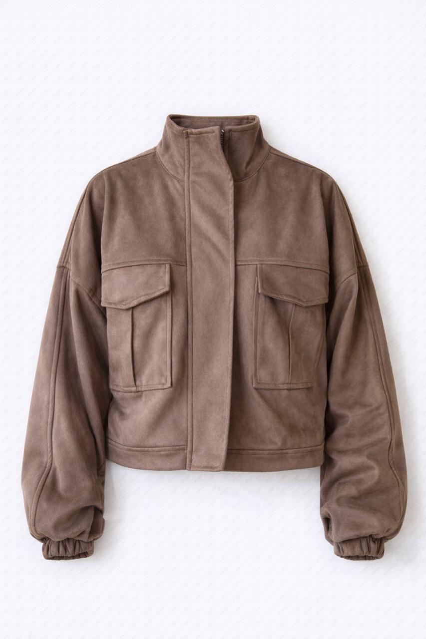 Brown Funnel Neck Suede Jacket