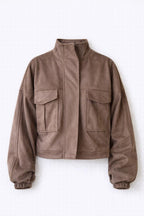 Brown Funnel Neck Suede Jacket