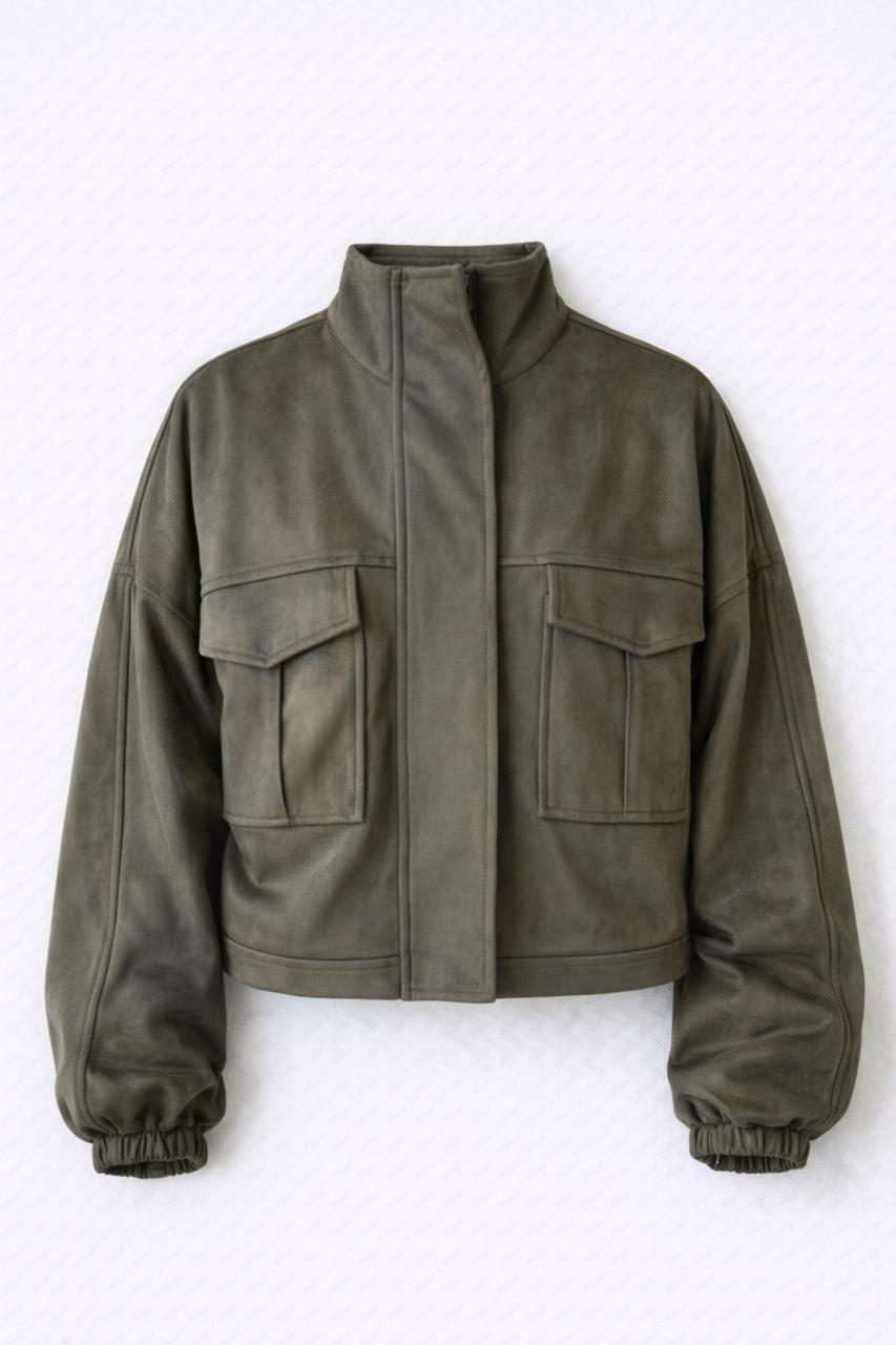 Olive Funnel Neck Suede Jacket