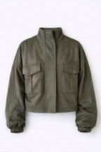 Olive Funnel Neck Suede Jacket