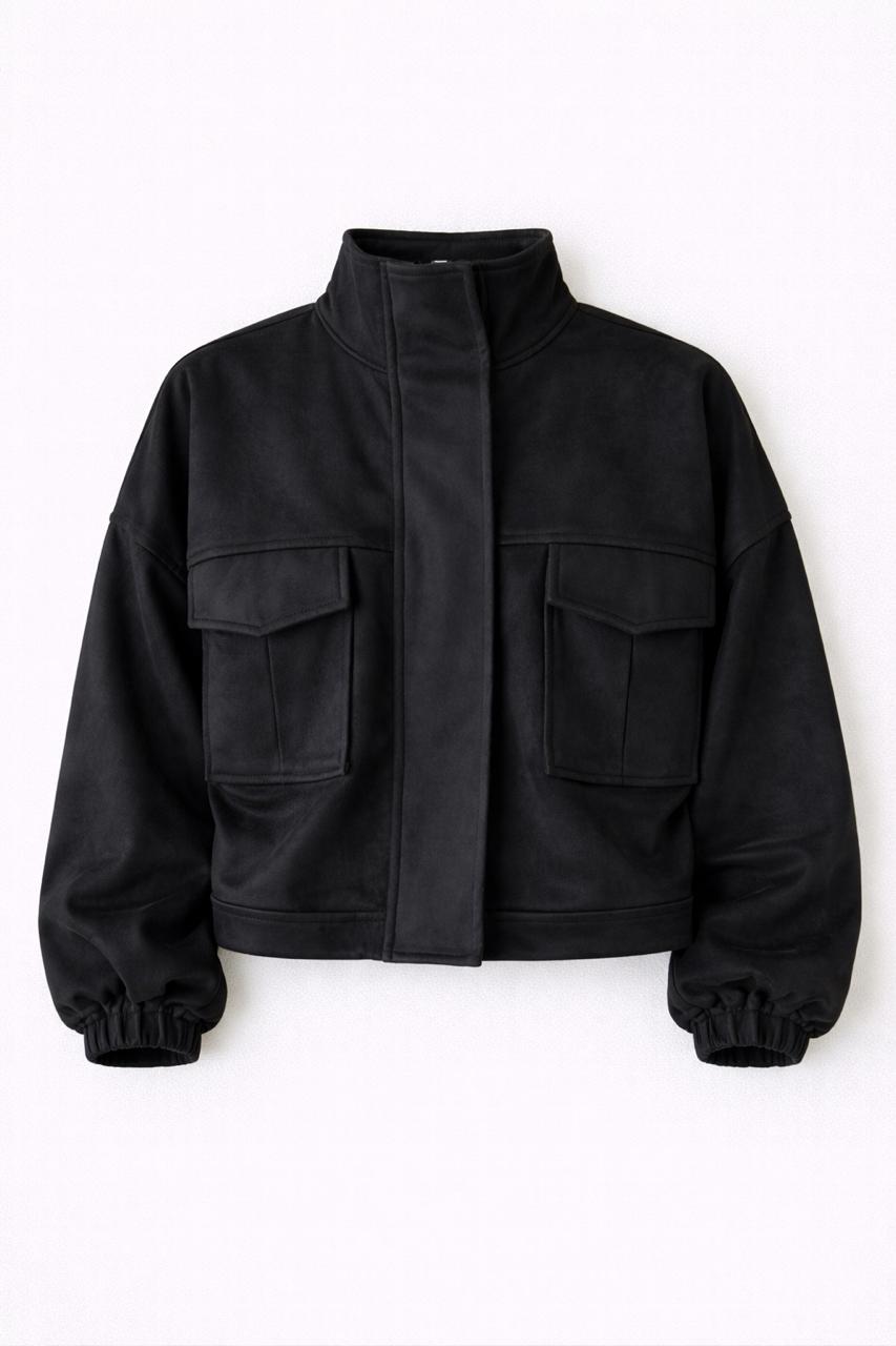 Black Funnel Neck Suede Jacket