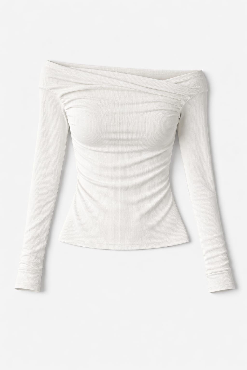 White 130 Off Shoulder Long Sleeve Ruched Top