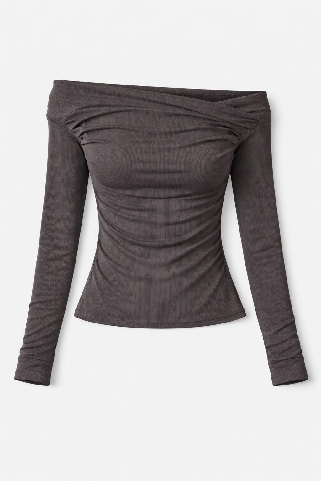 Black 130 Off Shoulder Long Sleeve Ruched Top