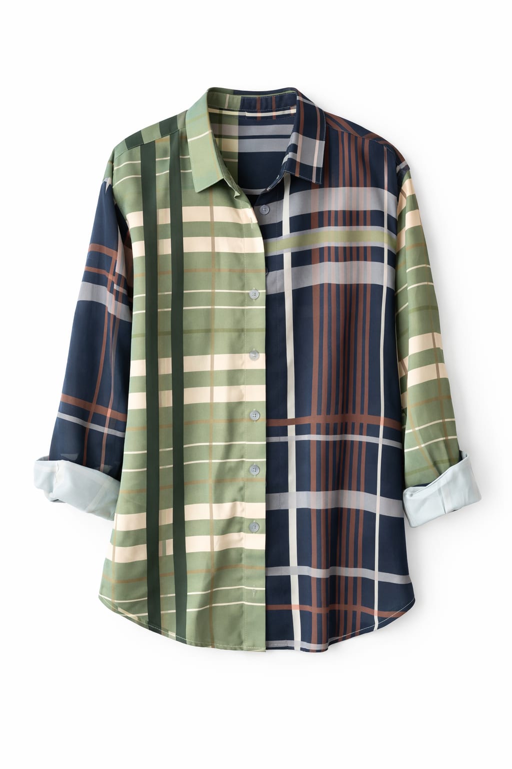 Half And Half Plaid Satin Shirt