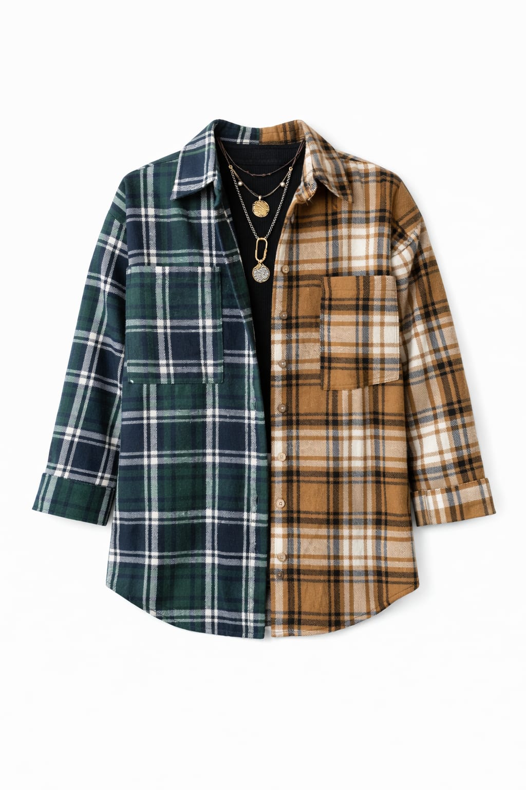 Teal & Camel Half And Half Plaid Shirt