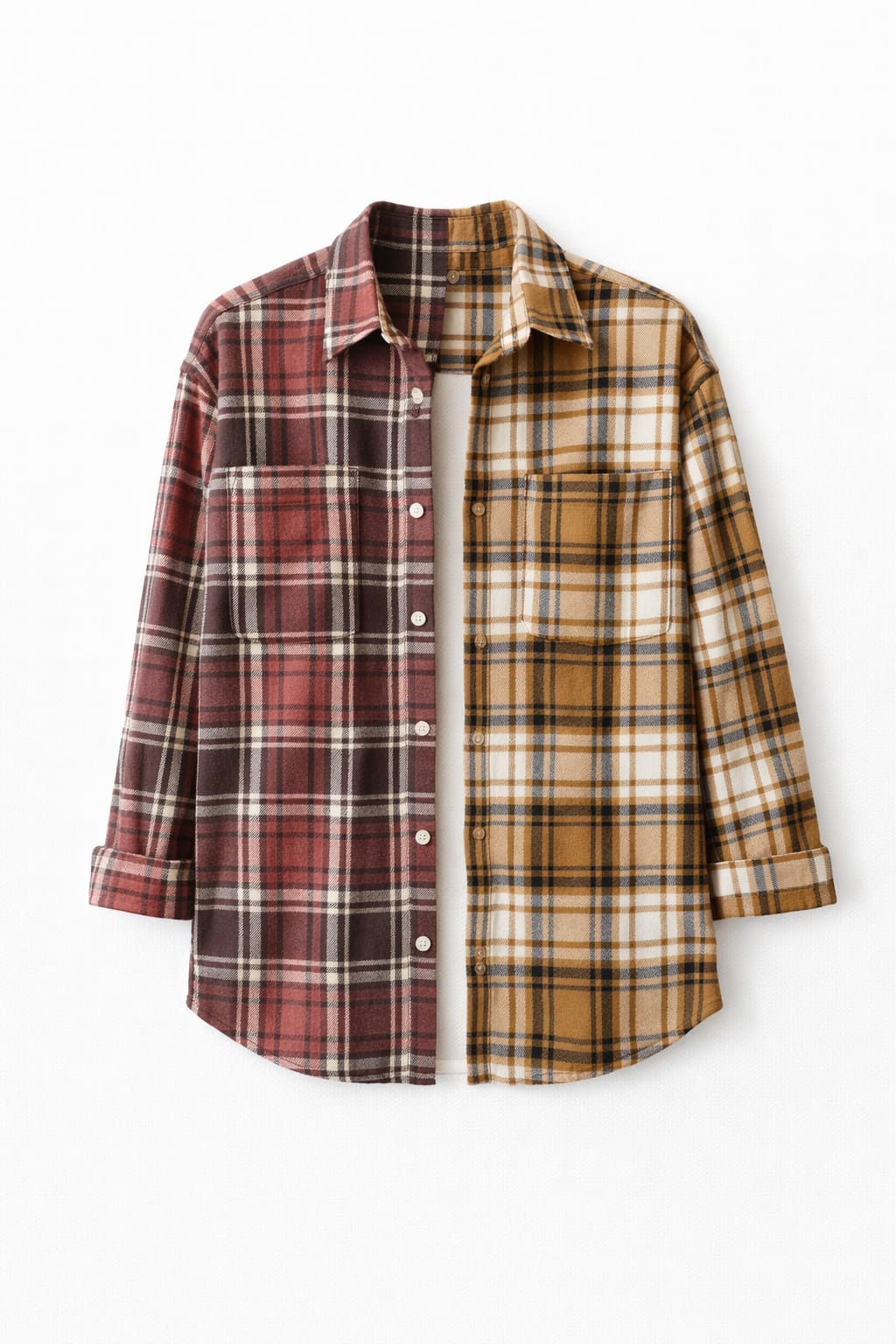 Burgundy & Camel Half And Half Plaid Shirt