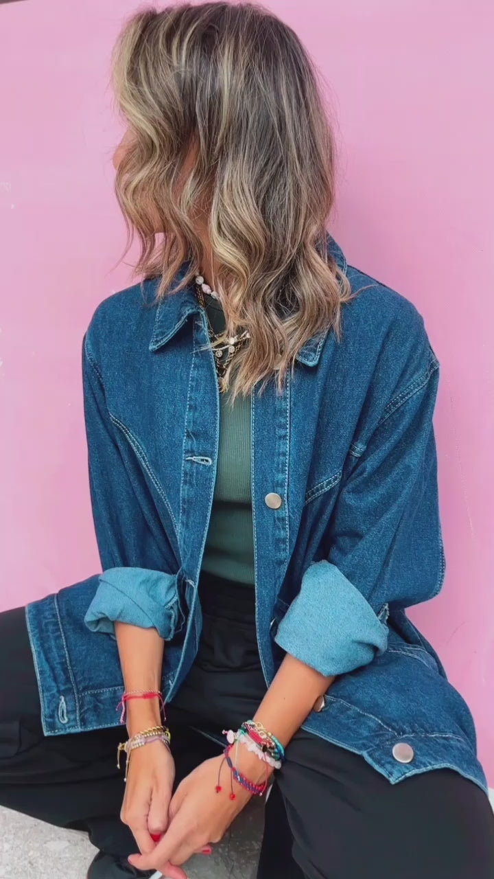 Dark Exaggerated Double Pocket Denim Jacket