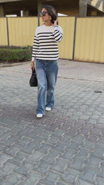 White Striped Button Shoulder Pullover