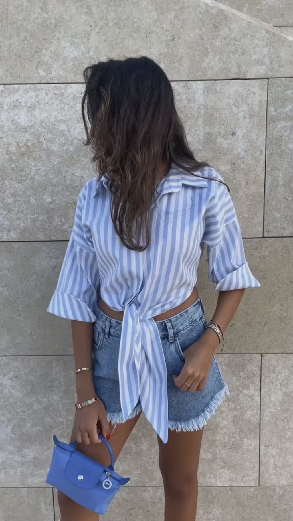 Baby Blue Strips and Stripes Cropped Front Tie Shirt