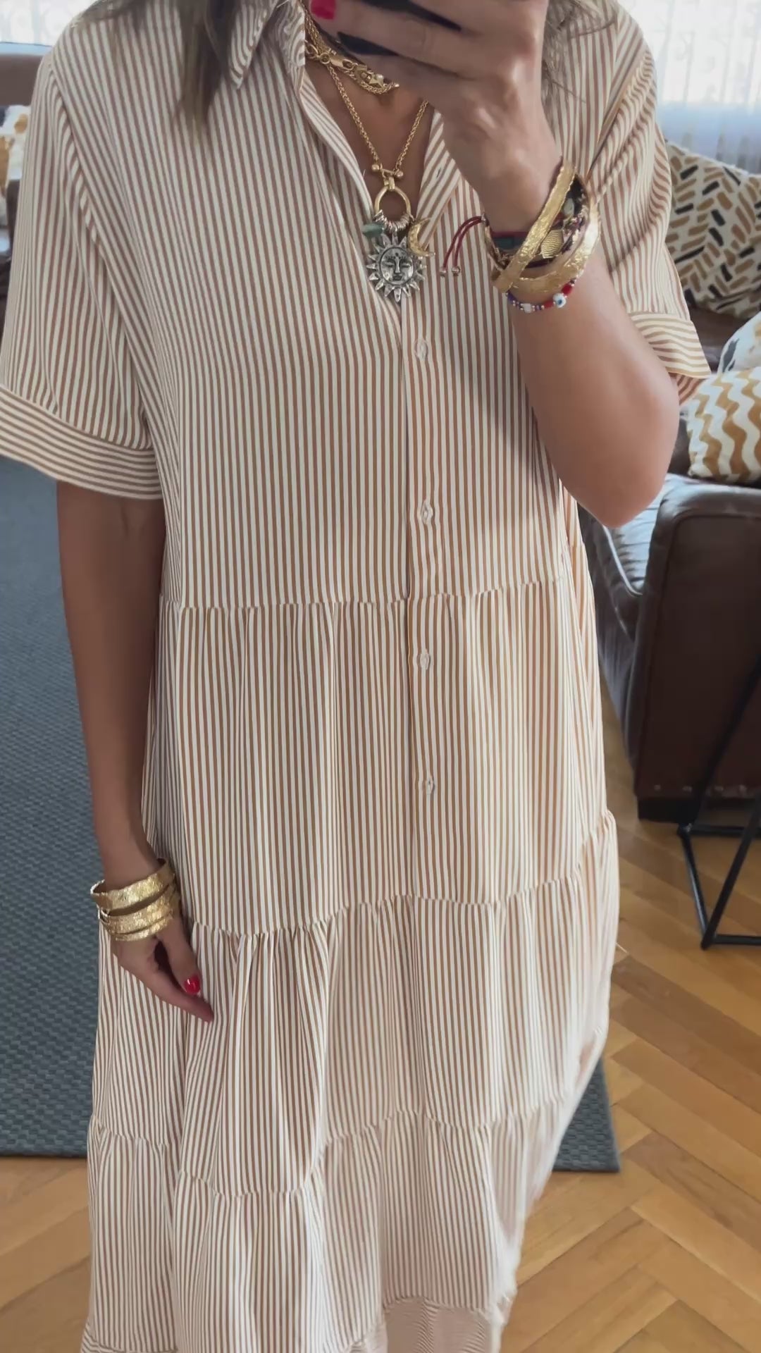 Beige Striped Shirt Dress