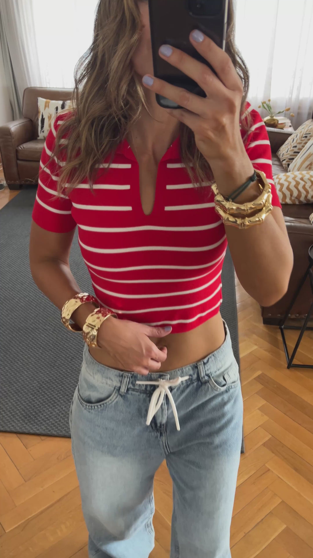 Brown Striped Signature Cropped Polo