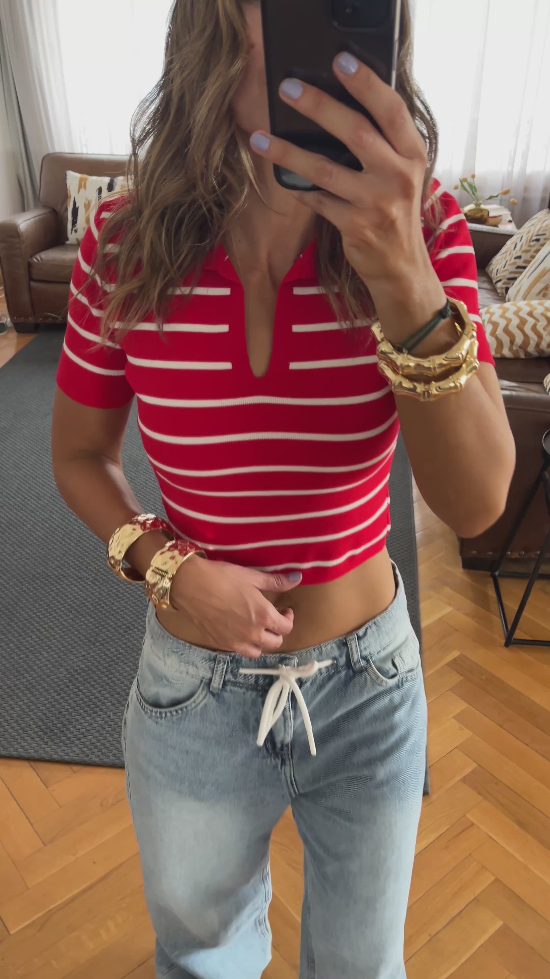 Brown Striped Signature Cropped Polo