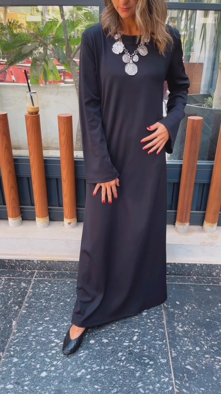 Black Crew Neck Ribbed Dress