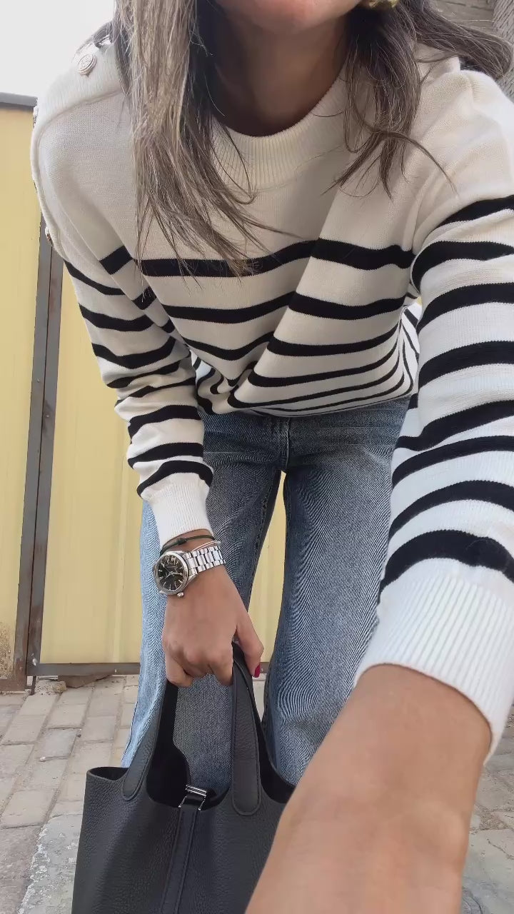 White Striped Button Shoulder Pullover
