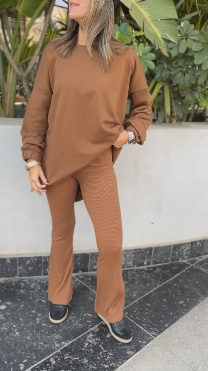 Camel Ribbed Knit Flare