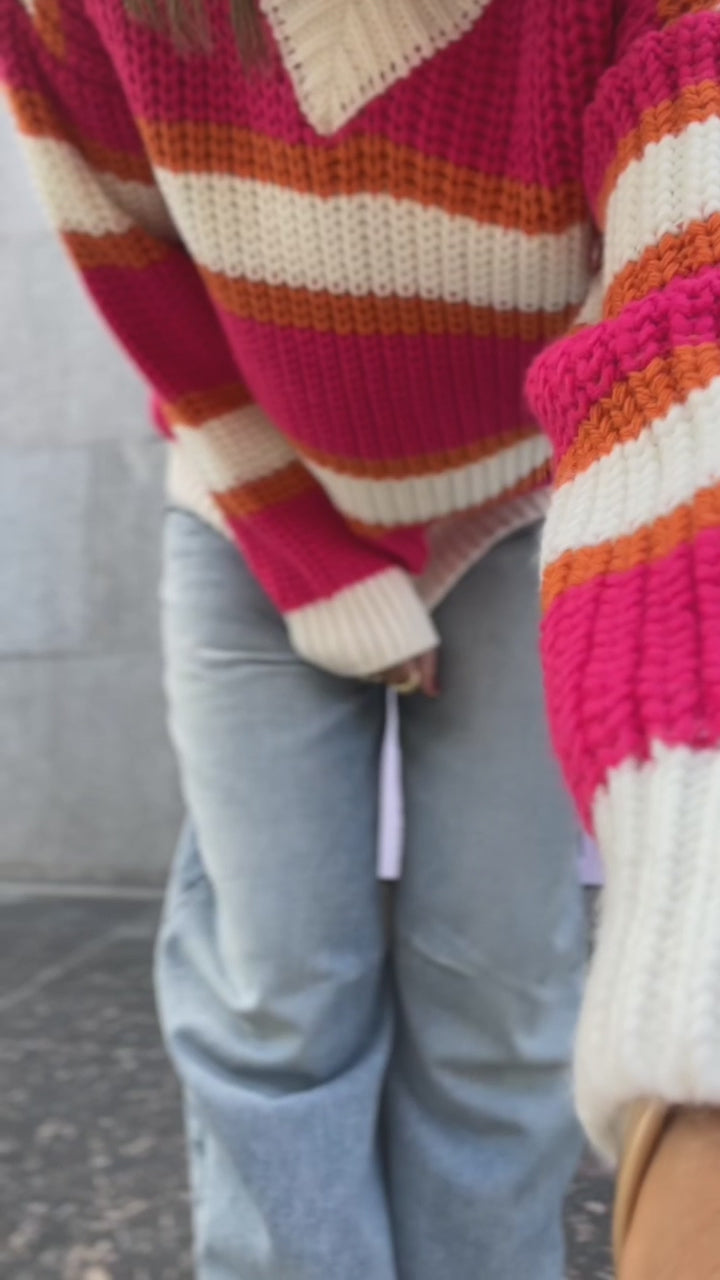 Fuchsia & White Striped V Knit Pullover