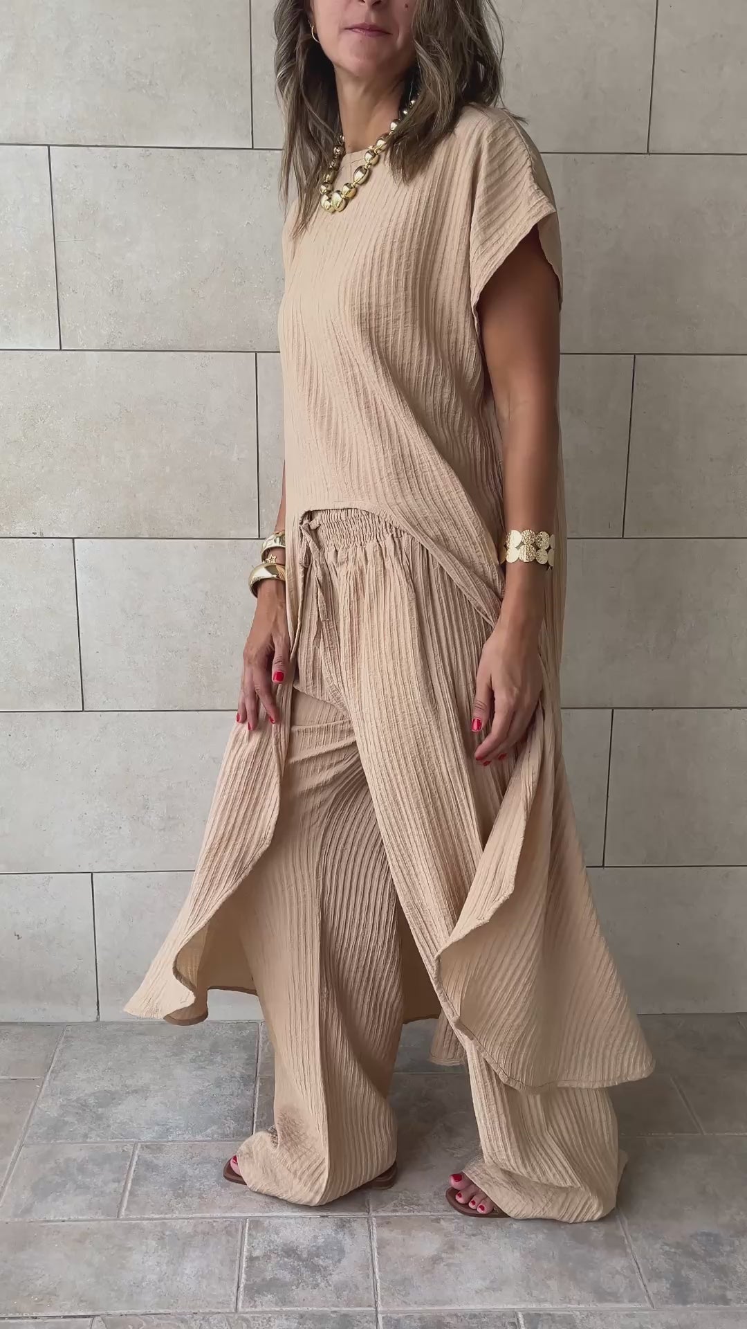 Beige Elastic Rope Crinkle Pants