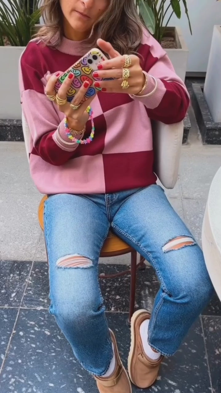 Pink & Burgundy Retro Inspired Checkered Jumper