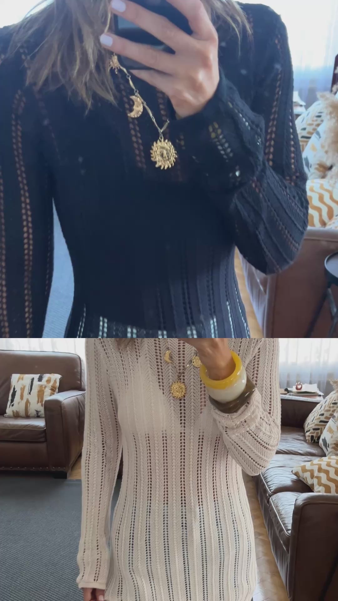 Beige Plain Crochet Short Dress