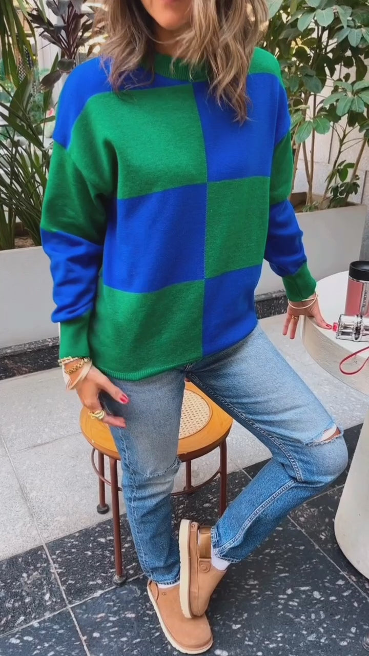 Blue & Green Retro Inspired Checkered Jumper