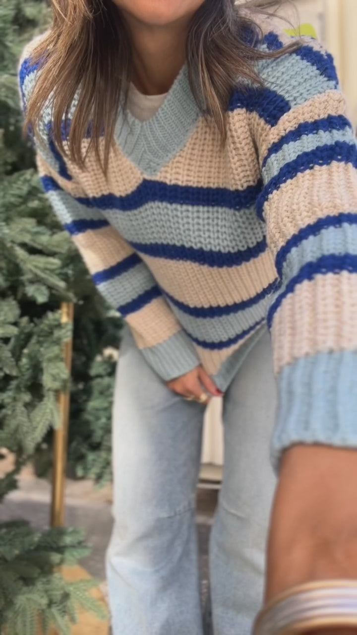 Blue & White Striped V Knit Pullover