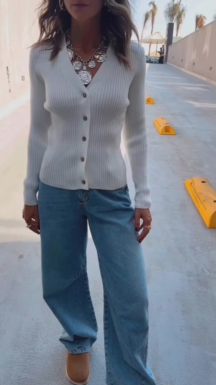 White Contour Buttoned Cardigan