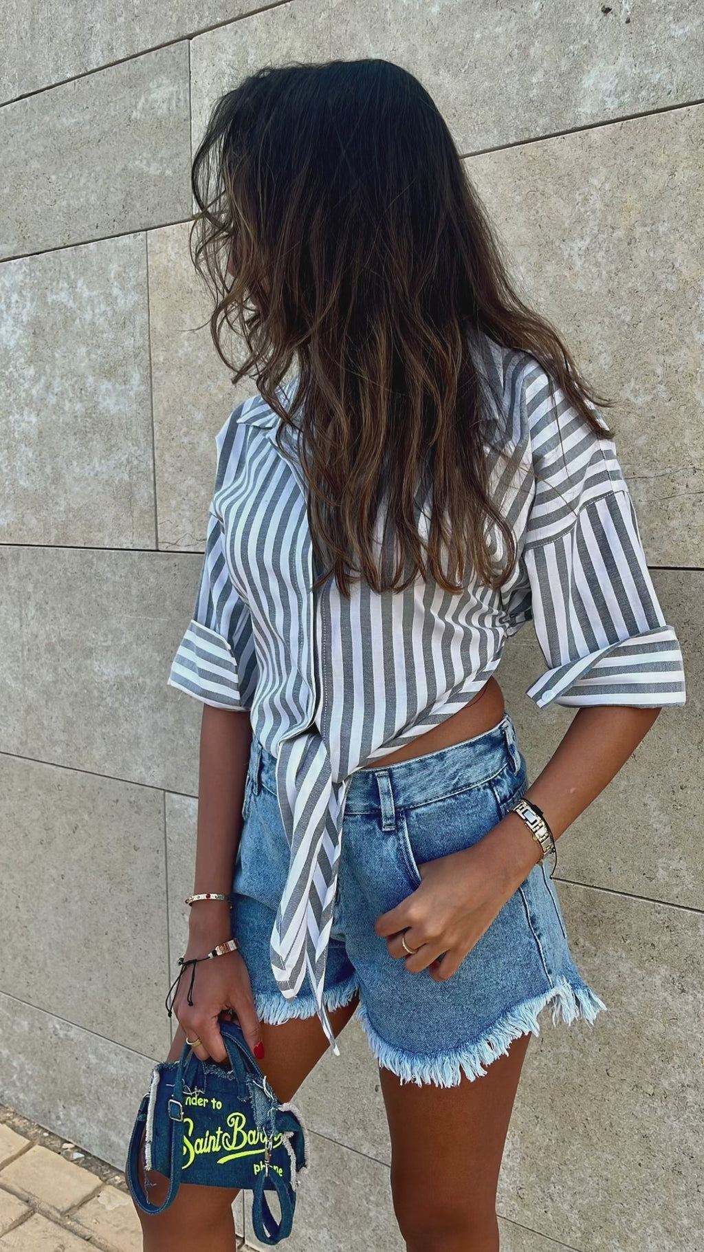 Black Strips and Stripes Cropped Front Tie Shirt