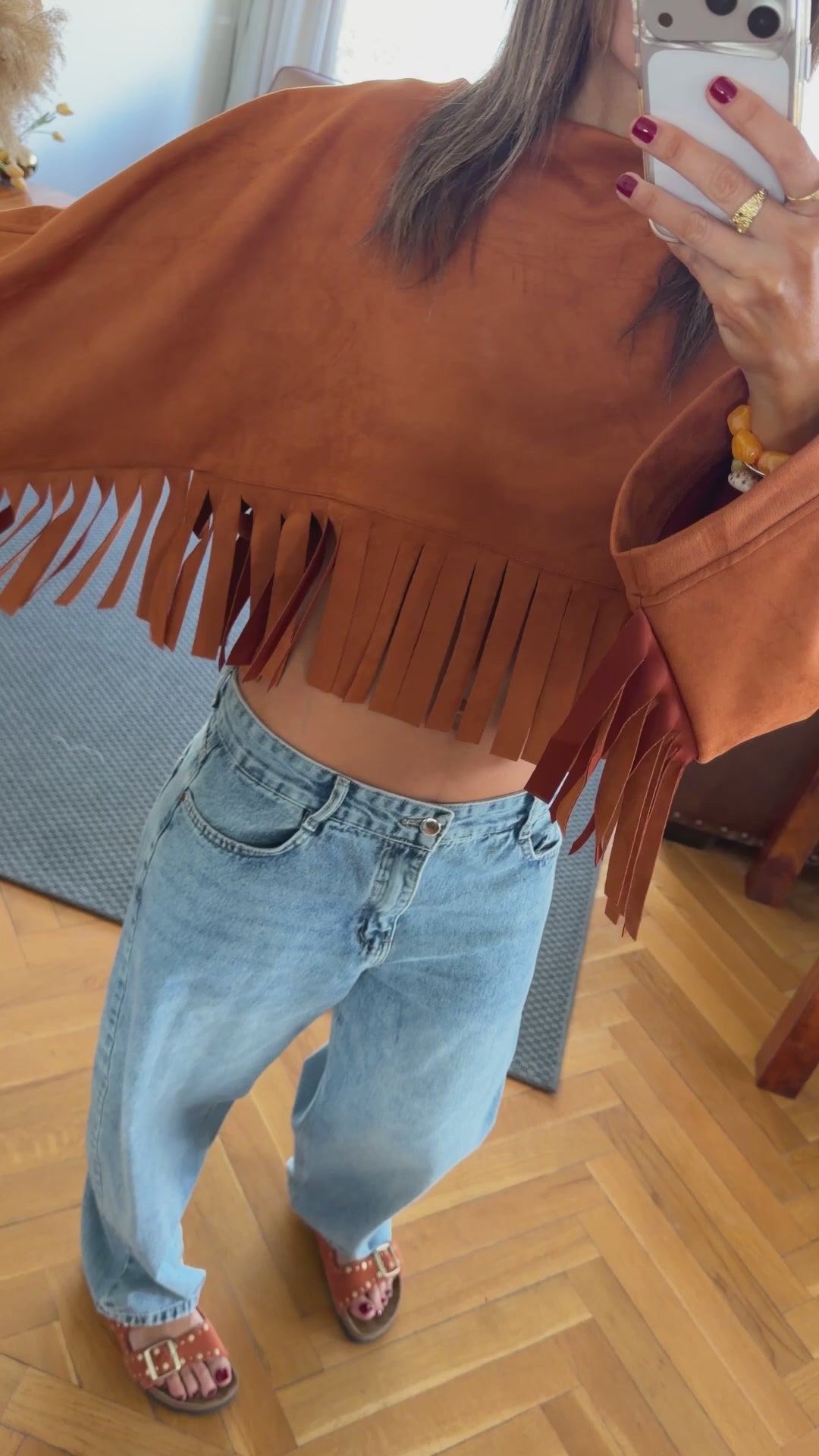 Beige Fringe Me Up Suede Longsleeve