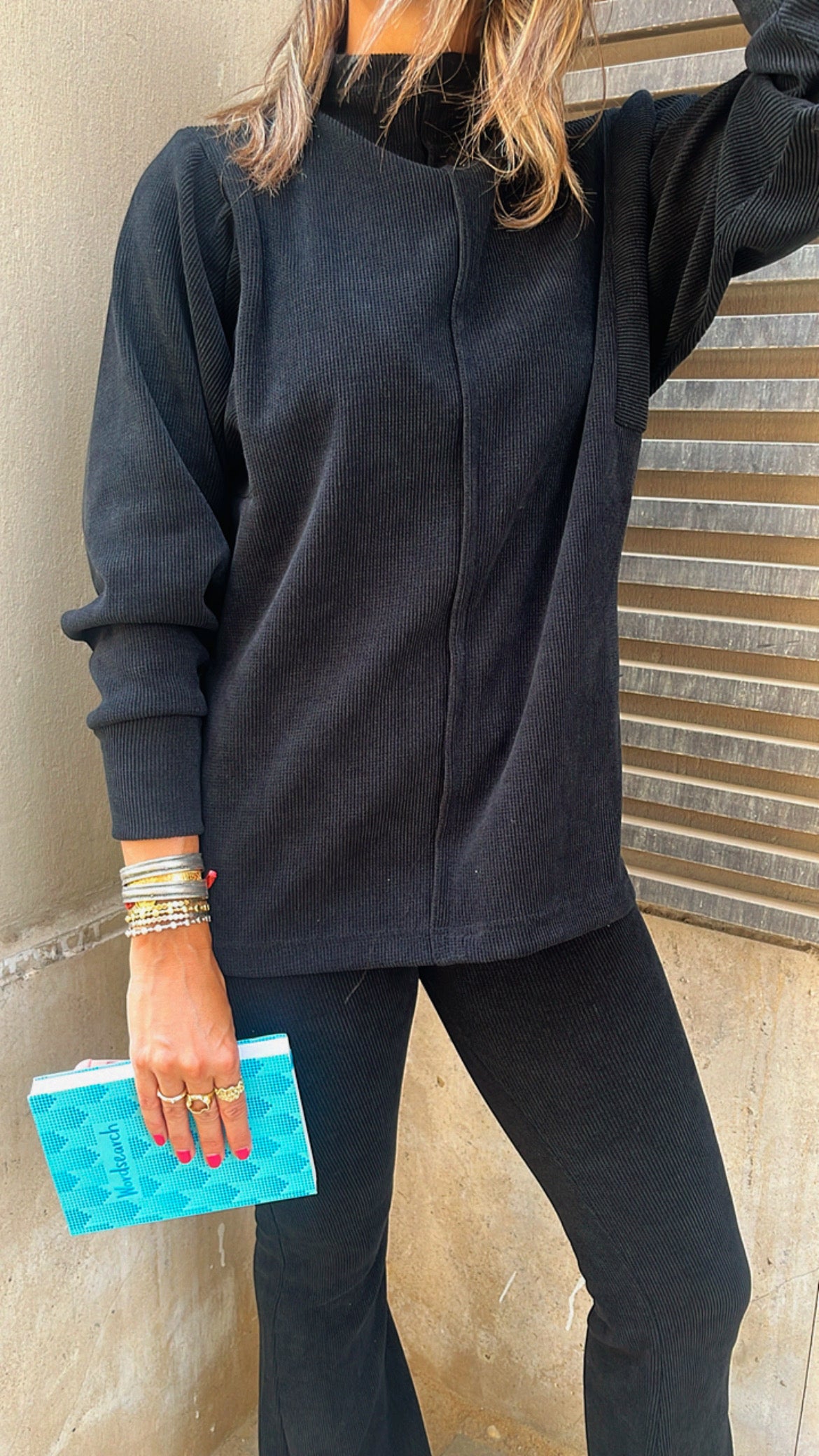 Black City Middle Line Ribbed Set